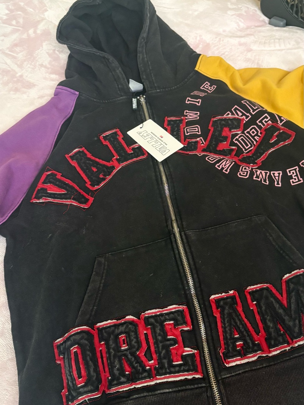 Valley Dreams Black Colorblock Zip up Hoodie with Purple & Yellow Sleeves